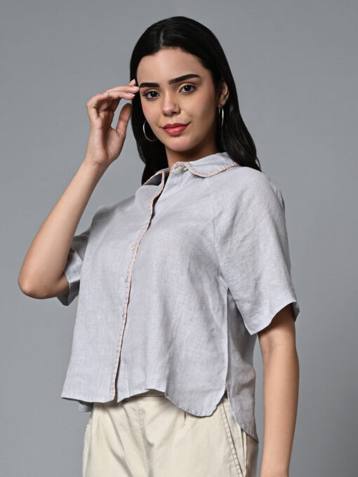 Women's Grey Linen Excel Regular Fit Blouse - Image 3