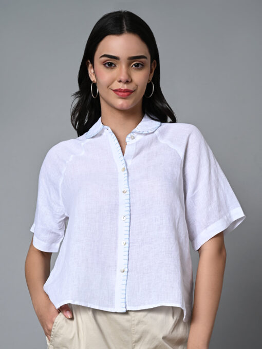 Women's White Linen Excel Regular Fit Blouse - Image 2