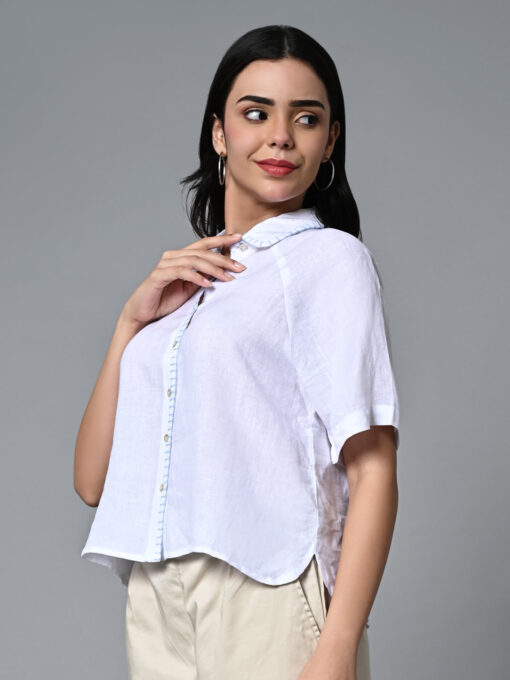 Women's White Linen Excel Regular Fit Blouse - Image 4