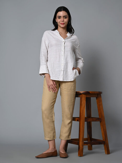 Women's Beige Linen Excel Boxy Fit Blouse