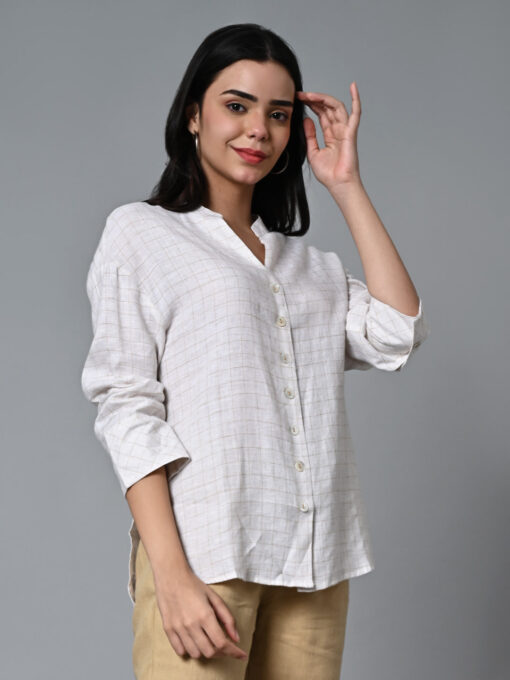 Women's Beige Linen Excel Boxy Fit Blouse - Image 3