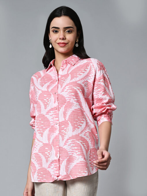 Women's Pink Lyocell Linen Boxy Fit Blouse - Image 2