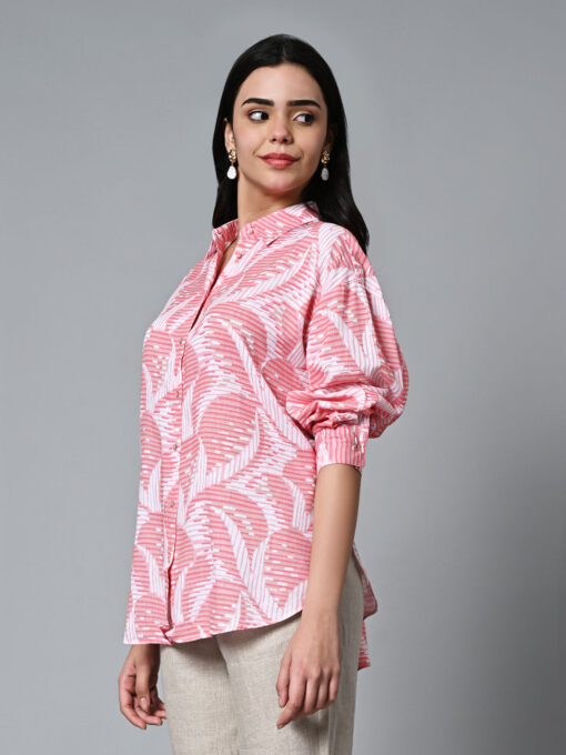 Women's Pink Lyocell Linen Boxy Fit Blouse - Image 3