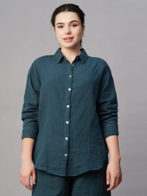 Women's Blue Cotton Boxy Fit Blouse - Image 2