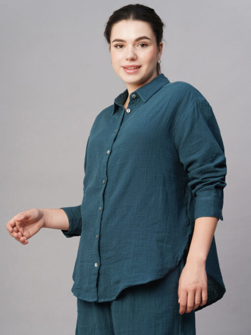 Women's Blue Cotton Boxy Fit Blouse - Image 3