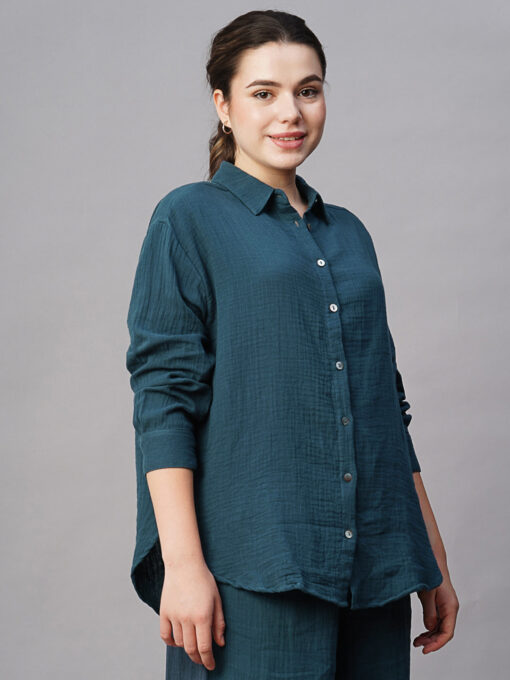 Women's Blue Cotton Boxy Fit Blouse - Image 4