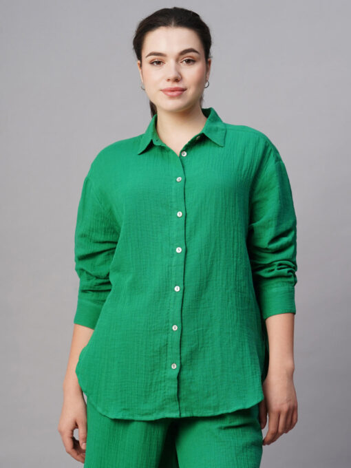 Women's Green Cotton Boxy Fit Blouse - Image 2