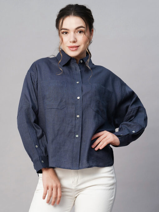 Women's Dark Blue Linen Boxy Fit Blouse - Image 2