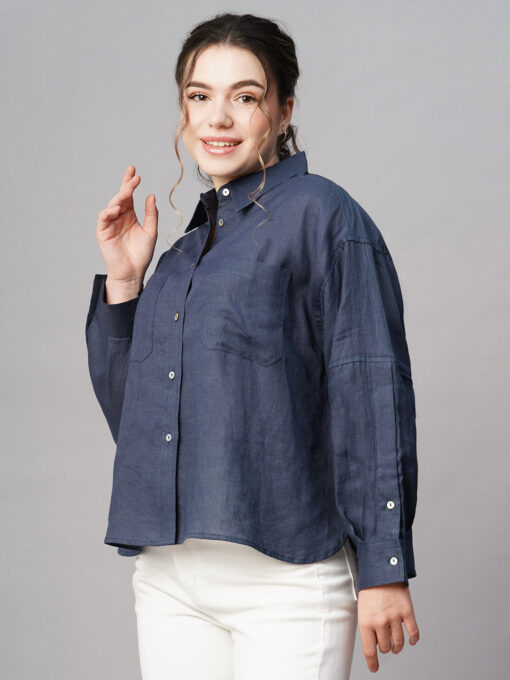 Women's Dark Blue Linen Boxy Fit Blouse - Image 3