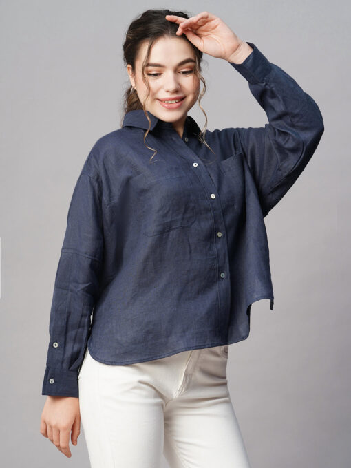 Women's Dark Blue Linen Boxy Fit Blouse - Image 4