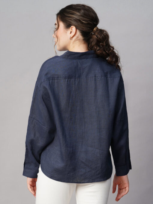 Women's Dark Blue Linen Boxy Fit Blouse - Image 5