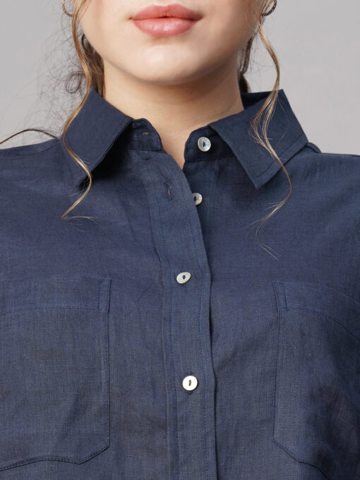 Women's Dark Blue Linen Boxy Fit Blouse - Image 6