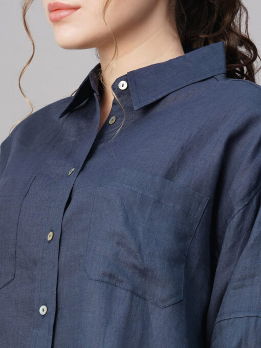 Women's Dark Blue Linen Boxy Fit Blouse - Image 7