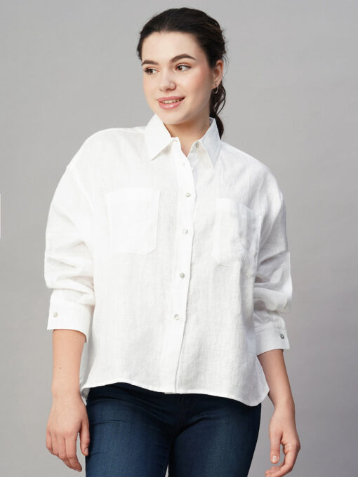 Women's White Linen Boxy Fit Blouse - Image 2