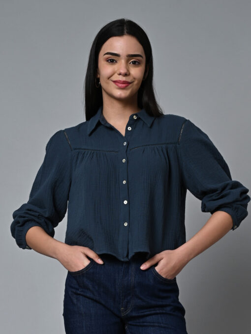 Women's Blue Cotton Regular Fit Blouse - Image 2