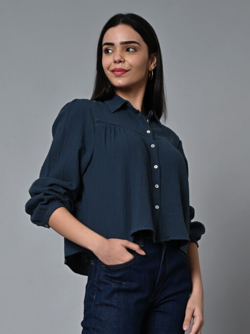 Women's Blue Cotton Regular Fit Blouse - Image 4