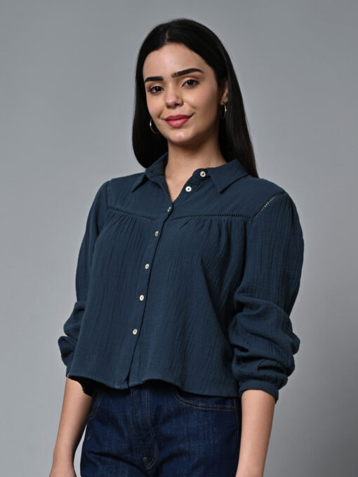 Women's Blue Cotton Regular Fit Blouse - Image 3