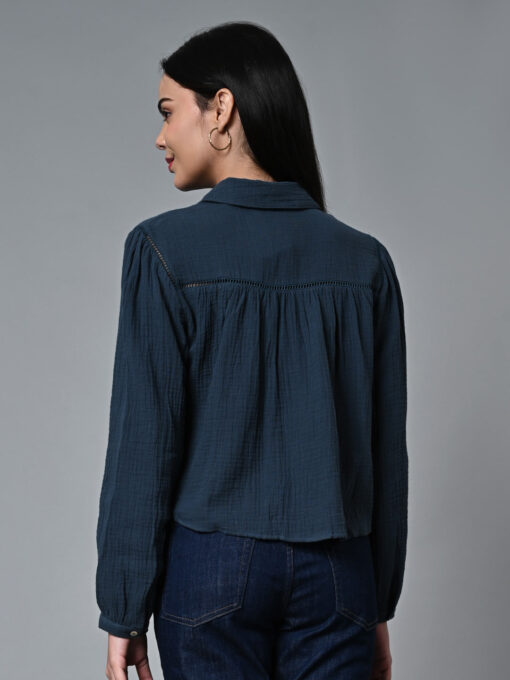 Women's Blue Cotton Regular Fit Blouse - Image 5