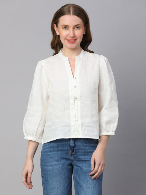 Women's White Linen Regular Fit Blouse - Image 2