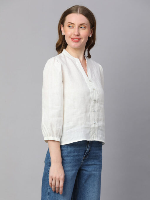 Women's White Linen Regular Fit Blouse - Image 4