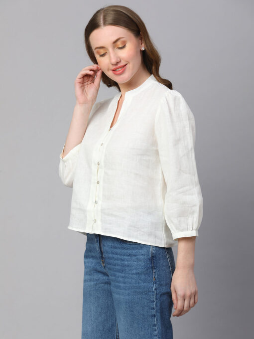 Women's White Linen Regular Fit Blouse - Image 3