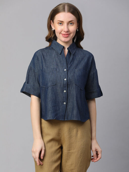 Women's Indigo Cotton Boxy Fit Blouse - Image 2