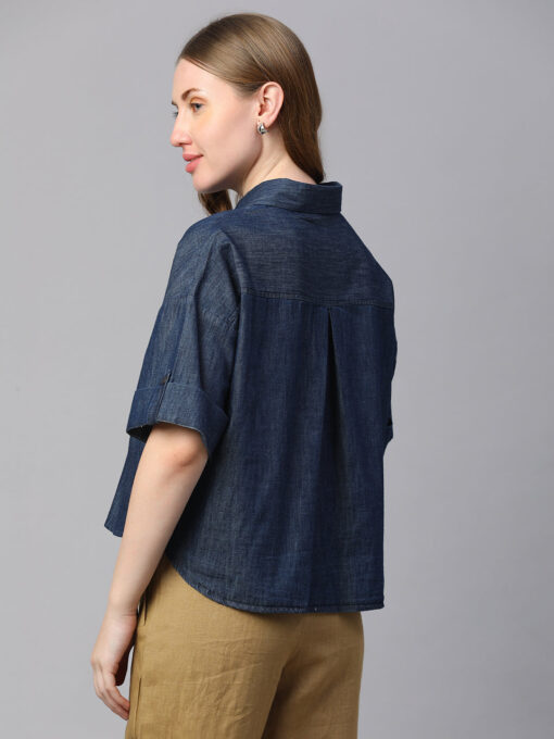 Women's Indigo Cotton Boxy Fit Blouse - Image 5