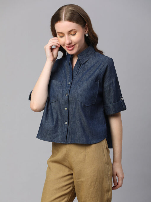 Women's Indigo Cotton Boxy Fit Blouse - Image 3