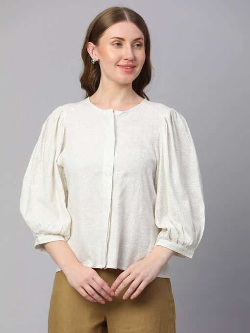 Women's Offwhite Linen Viscose Regular Fit Blouse - Image 2