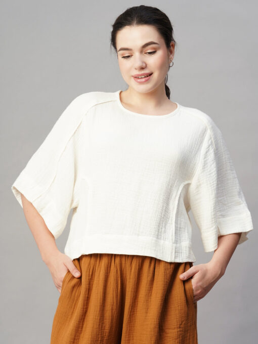 Women's Offwhite Cotton Boxy Fit Blouse - Image 2