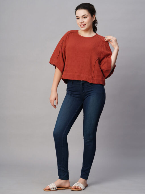 Women's Rust Cotton Boxy Fit Blouse