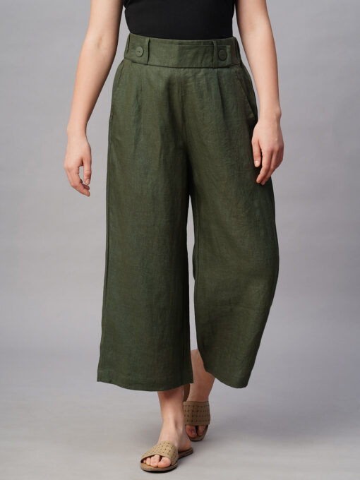 Women's Olive Linen Regular Fit Culotte - Image 2