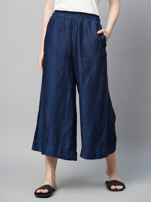 Women's Blue Linen Regular Fit Culotte - Image 2