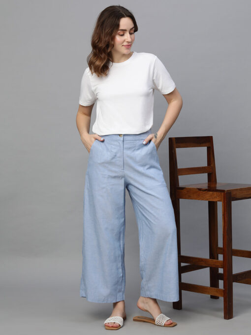 Women's Blue Viscose Linen Regular Fit Culotte