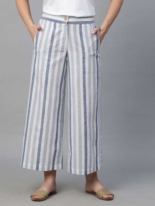 Women's Blue Cotton Linen Regular Fit Culotte - Image 2