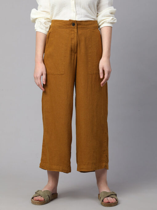 Women's Mustard Linen Viscose Wide Leg Culotte - Image 2