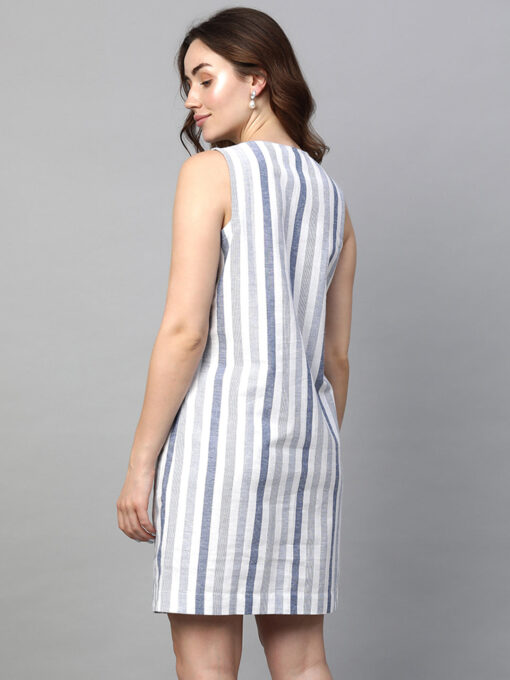 Women's Blue Cotton Linen Regular Fit Dress - Image 5