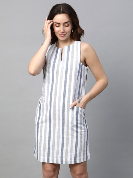 Women's Blue Cotton Linen Regular Fit Dress - Image 2