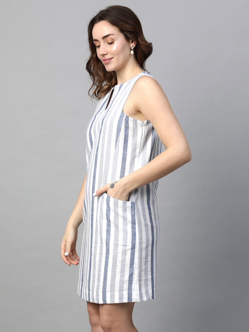 Women's Blue Cotton Linen Regular Fit Dress - Image 3