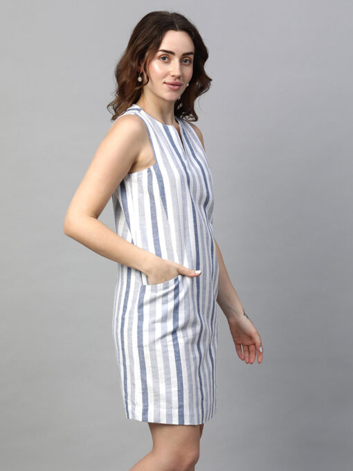 Women's Blue Cotton Linen Regular Fit Dress - Image 4