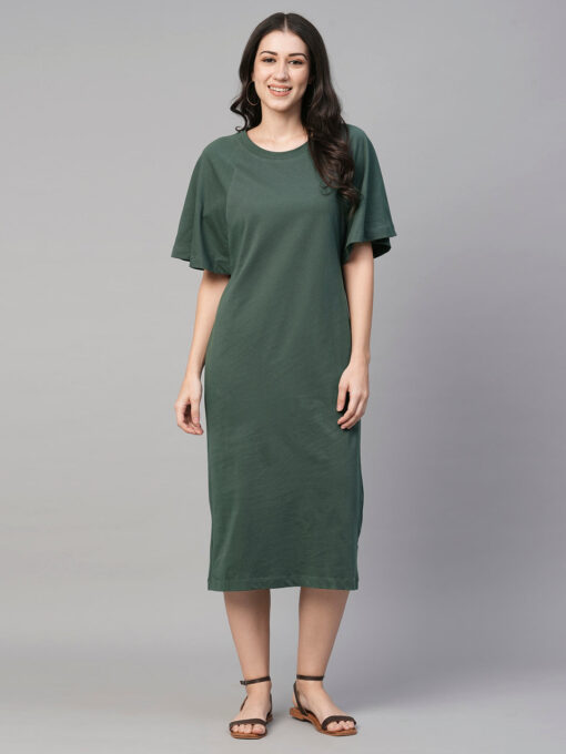 Women's Green Cotton Loose Fit Knit Dress - Image 2