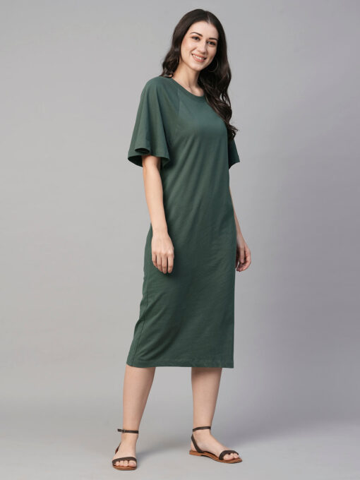 Women's Green Cotton Loose Fit Knit Dress - Image 4