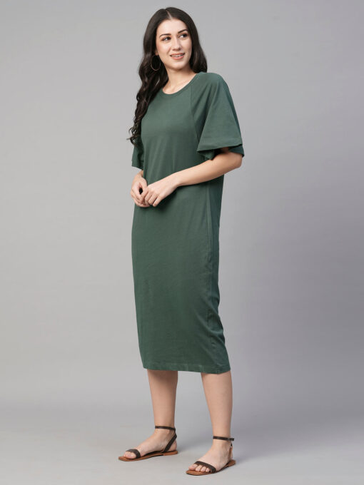 Women's Green Cotton Loose Fit Knit Dress - Image 3