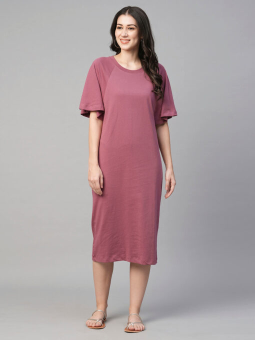 Women's Wine Cotton Loose Fit Knit Dress - Image 2