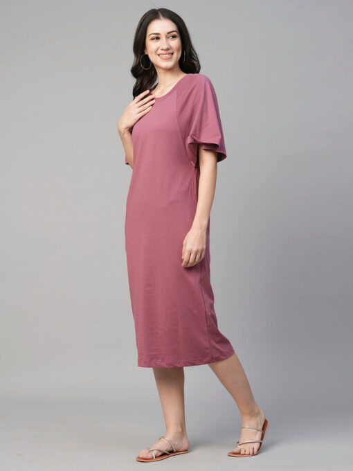 Women's Wine Cotton Loose Fit Knit Dress - Image 3