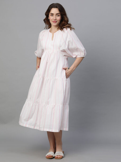 Women's Pink Cotton Linen Regular Fit Dress - Image 2