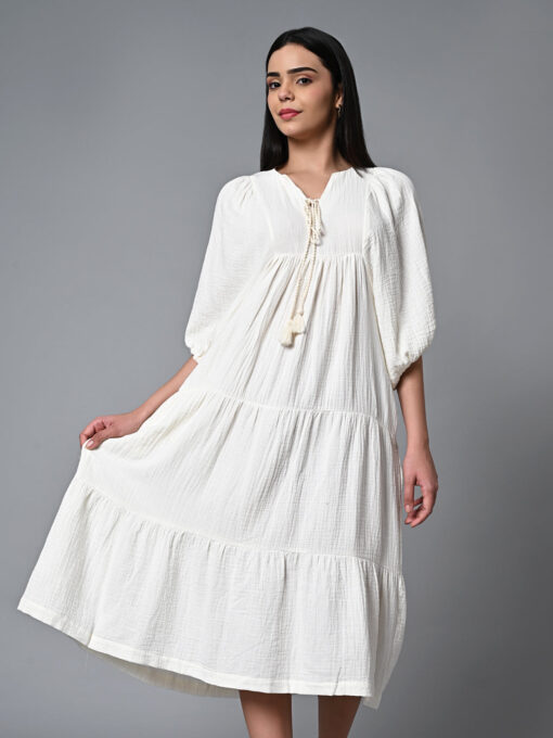 Women's Offwhite Cotton Regular Fit Dress - Image 2