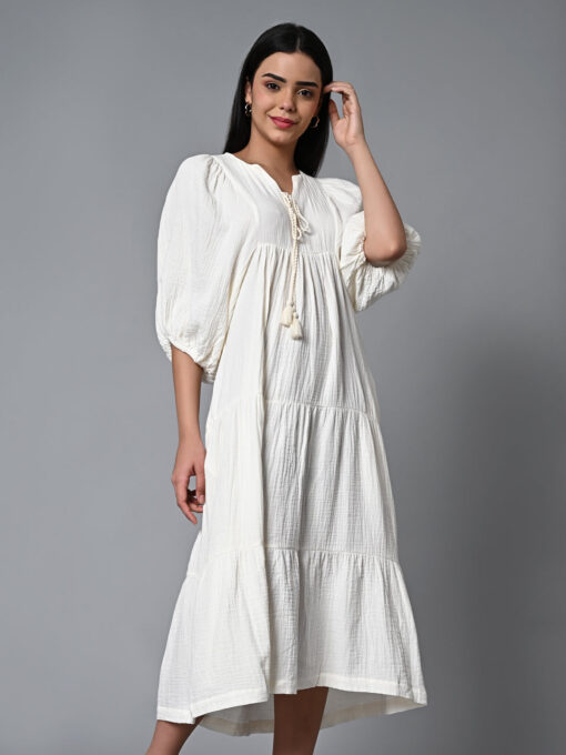 Women's Offwhite Cotton Regular Fit Dress - Image 4