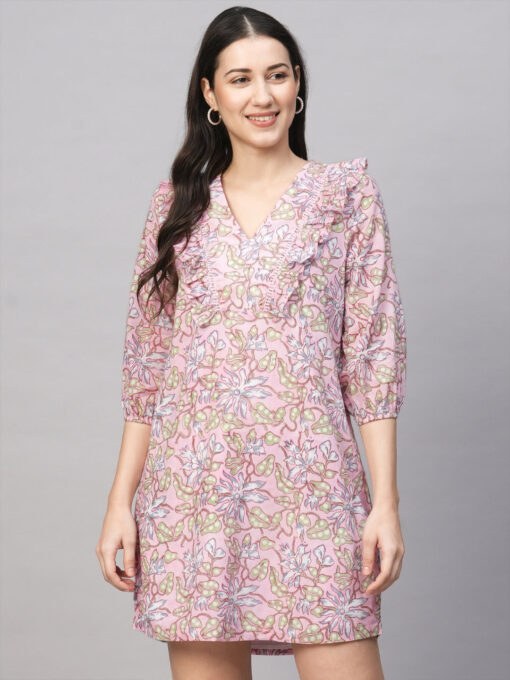 Women's Pink Cotton Regular Fit Dress - Image 2