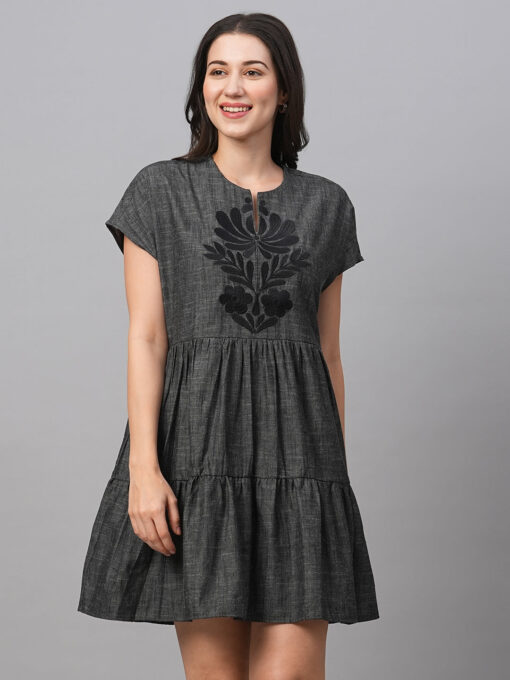 Women's Black Cotton Tiered Dress - Image 3